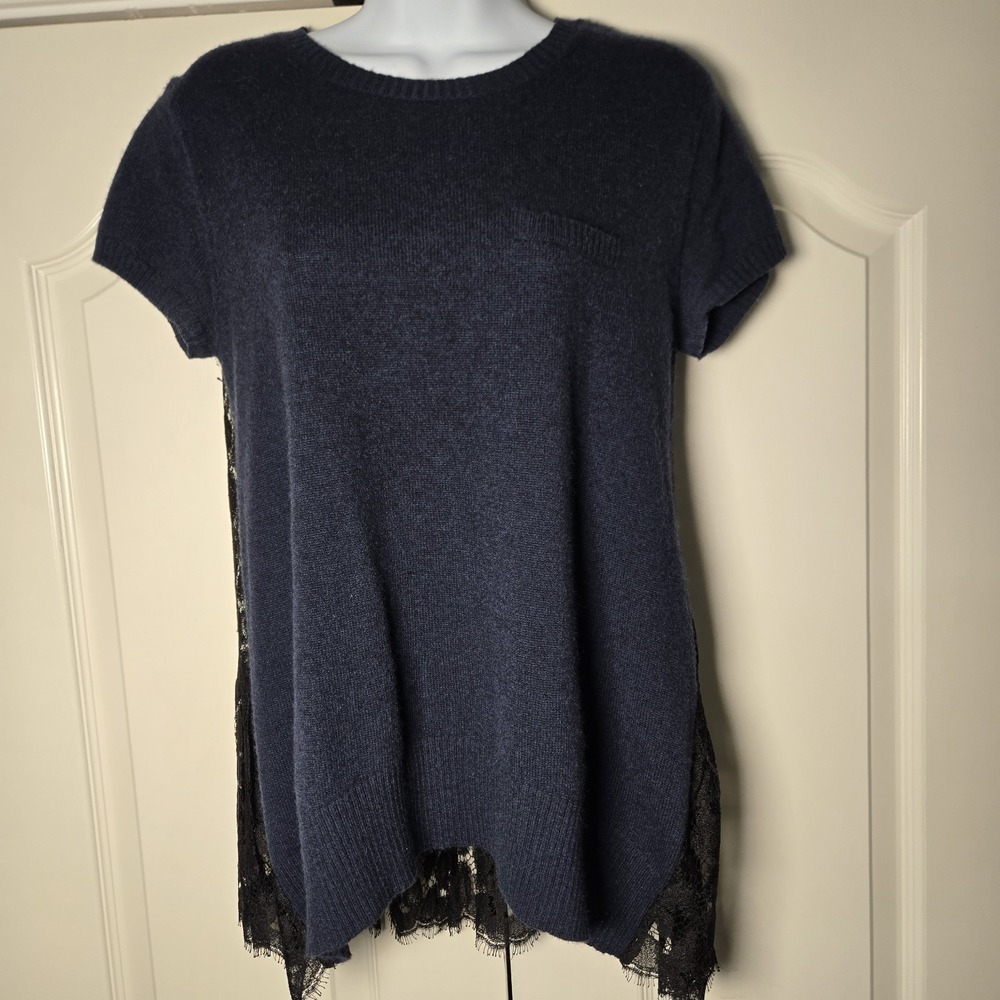 Autumn‎ Cashmere Sweater Navy Black Short Sleeve Lace Back Sweater Sz Medium